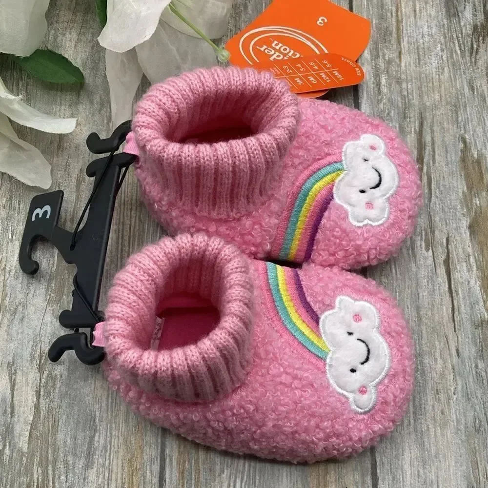 Baby Girls Teddy Knit Rainbow Comfy Soft Slippers Shoes Size 3